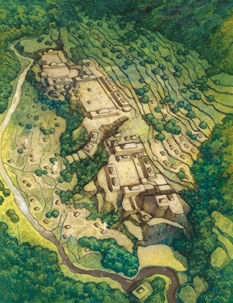drawing of Mesoamerican village