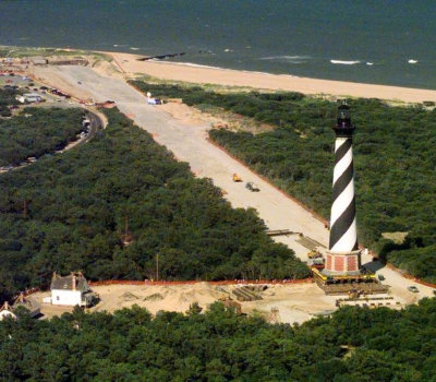 aerial photo of lighthouse during move